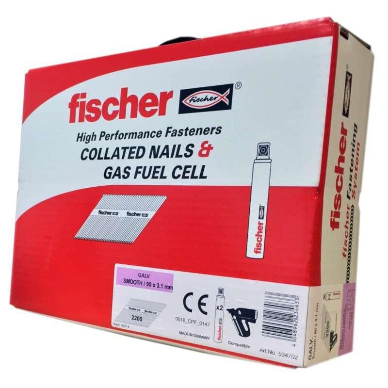 90mm Collated Smooth Shank Nails & 2 Gas Fuel Cells Galv (Box of 2200) - Fischer